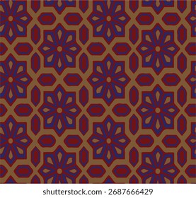 Seamless geometric pattern,  hexagonal motifs on a beige background. Perfect for textile design, fabric print, wallpaper, wrapping paper, and decorative backgrounds. 