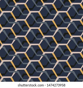 Seamless geometric pattern with hexagonal netting. Minimalistic abstract texture in gold, grey, black colors. Modern graphic design, print, Wallpaper, template for fabrics, banners, web sites. Vector