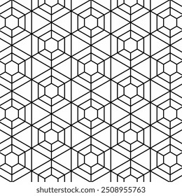 Patrón geométrico sin fisuras con Formas hexagonales que consisten en líneas negras entrelazadas sobre un fondo blanco. Adecuado para varios proyectos creativos o Elementos decorativos.