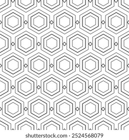 Patrón geométrico inconsútil de Formas hexagonales con contorno negro sobre fondo blanco. Ilustración vectorial para el diseño de Fondo de pantalla, tela textil, papel de embalaje.  