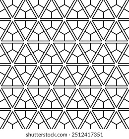 Patrón geométrico sin fisuras con Formas hexagonales y triangulares que consisten en líneas entrelazadas sobre un fondo blanco. Adecuado para varios proyectos creativos o Elementos decorativos.