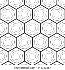 Seamless geometric Pattern of Hexagons and Circles. Abstract Black and White Background. Vector Illustration.