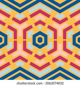 Seamless geometric pattern of hexagons, dots and zig zag lines. Hexagon shape optical illusion. Beautiful vector illustration. Spring and summer colors, yellow, pink, blue, pastel shades. EPS 10.