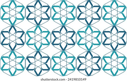 Seamless geometric pattern of hexagons and lines, two tone of blue and green flowers repeat on white, replete image design for fabric printing, print, checkerboard, chain chess