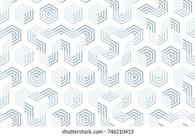 Seamless geometric pattern with hexagons and lines. Irregular structure for fabric print. Monochrome abstract background.