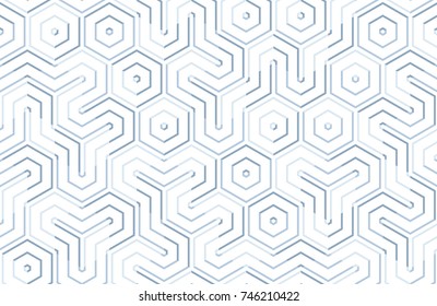 Seamless geometric pattern with hexagons and lines. Irregular structure for fabric print. Monochrome abstract background.