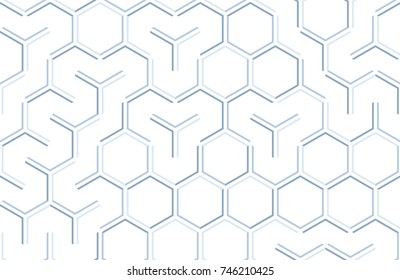 Seamless geometric pattern with hexagons and lines. Irregular structure for fabric print. Monochrome abstract background.