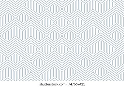Seamless geometric pattern with hexagons and lines. Irregular structure for fabric print. Monochrome abstract background.