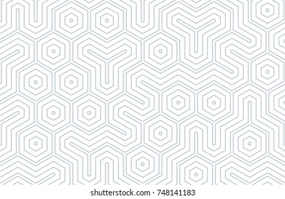 Seamless geometric pattern with hexagons and lines. Irregular structure for fabric print. Monochrome abstract background.