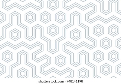Seamless geometric pattern with hexagons and lines. Irregular structure for fabric print. Monochrome abstract background.