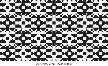 Padrão geométrico sem costura com motivos de fita preta e branca de alto contraste. Fundo vetorial abstrato com formas semicirculares e quadradas interligadas