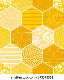 Seamless geometric pattern with honeycomb. Trendy hand drawn textures. Modern abstract honey design for paper, fabric, interior decor and other users.