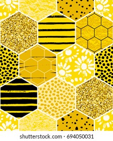 Seamless geometric pattern with honeycomb. Trendy hand drawn textures. Modern abstract honey design for paper, fabric, interior decor and other users.