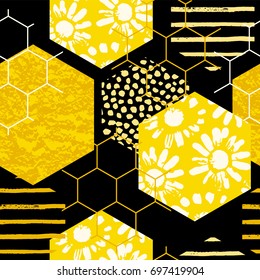 Seamless geometric pattern with honeycomb. Trendy hand drawn textures. Modern abstract honey design for paper, fabric, interior decor and other users.
