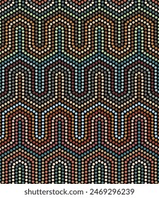 Seamless geometric pattern with horizontal multicolored dotted lines in a modern tribal style. African ethnic design with colorful small dots on a black background. 