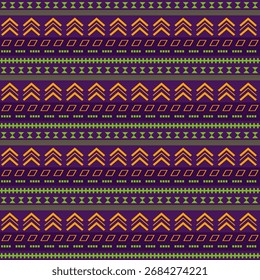 Padrão geométrico contínuo de listras horizontais com divisas, diamantes, quadrados e pontos repetidos. Vetor plano, ideal para tecido, têxteis domésticos, papel de parede, papel de presente, papel de carta, papel digital.