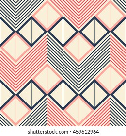 Seamless Geometric Pattern Of Horizontal Zigzag  In Retro Color Palette. Squares Divided Into Two Triangles Inside Giant Zig Zag And Chevron Lines. Vector Illustration For Stylish Creative Design