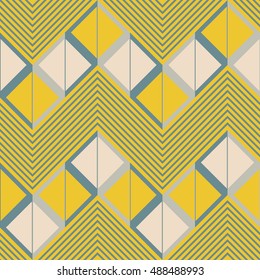 Seamless geometric pattern of horizontal zigzag. Squares divided into two triangles inside giant zigzag and chevron lines. Pleasant retro color palette. Vector illustration for stylish creative design