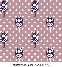Seamless geometric pattern with ice cream on a stick in purple tones. Vector textures. Wallpaper, covers, backgrounds, textiles, wrapping paper.