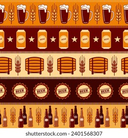 Patrón geométrico sin soldadura con íconos de barril, latas de cerveza, gafas, tapones de botellas. Fondo horizontal rayado. Buena imagen de marca, decoración del paquete de cerveza, diseño de portada, impresión decorativa.