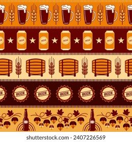 Patrón geométrico sin soldadura con íconos de barril, latas de cerveza, gafas, tapones de botellas. Fondo horizontal rayado. Buena imagen de marca, decoración del paquete de cerveza, diseño de portada, impresión decorativa.