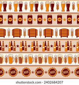 Seamless geometric pattern with icons of beer barrel, bottles, cans, glasses. Horizontal striped light colored background. Good for branding, decoration of beer package, cover design Simple flat style