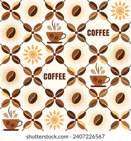 Seamless geometric pattern with icons of coffee beans, coffee cups, sun, text in diagonal square grid. Retro simple style. For branding, decoration of food package, kitchen textile