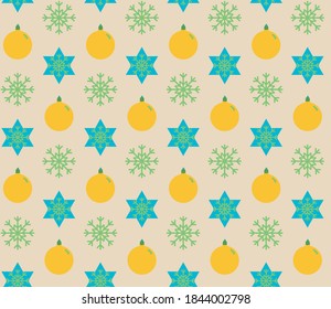 Nahtloses geometrisches Muster mit dem Bild von Weihnachtsbällen und Schneeflocken. Vektordesign für Ferien-Web-Banner, Business-Präsentation, Markenpaket, Stoff, Druck, Tapete, Postkarten.