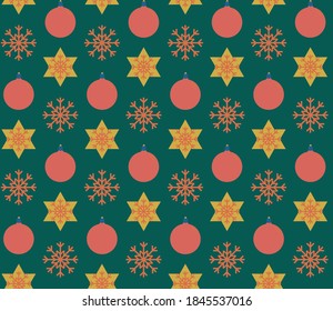 Patrón geométrico sin foco con la imagen de bolas de Navidad y copos de nieve. Diseño de vectores para banner web de vacaciones, presentación de negocios, paquete de marca, tela, papel de pared, postales.