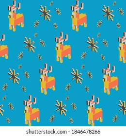 Patrón geométrico sin foco con la imagen de reno navideño y copos de nieve. Diseño de vectores para banner web de vacaciones, presentación de negocios, paquete de marca, tela, papel de pared, postales.