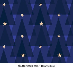 Nahtloses geometrisches Muster mit dem Bild von Weihnachtsbäumen, Bälle und Sternen. Winterzauberwald. Vektordesign für Urlaubswebbanner, Business-Präsentation, Markenpaket, Stoff, Druck, Tapete