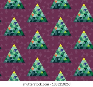 Patrón geométrico impecable con la imagen de árboles, bolas y estrellas navideños. El bosque mágico invernal. Diseño de vectores para banner web de vacaciones, presentación de negocios, paquete de marca, tela, impresión, papel tapiz