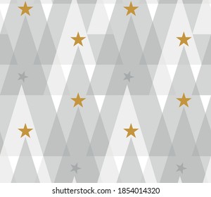 Seamless geometric pattern with the image of Christmas trees, balls and stars. Winter magic forest. Vector design for holiday web banner, business presentation, brand package, fabric, print, wallpaper