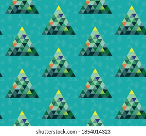 Seamless geometric pattern with the image of Christmas trees, balls and stars. Winter magic forest. Vector design for holiday web banner, business presentation, brand package, fabric, print, wallpaper