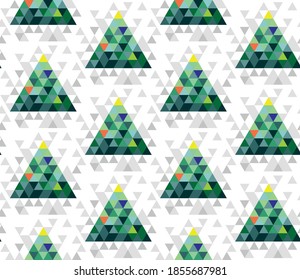 Seamless geometric pattern with the image of Christmas trees, balls and stars. Winter magic forest. Vector design for holiday web banner, business presentation, brand package, fabric, print, wallpaper