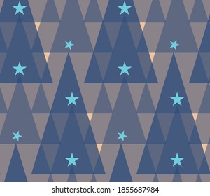 Seamless geometric pattern with the image of Christmas trees, balls and stars. Winter magic forest. Vector design for holiday web banner, business presentation, brand package, fabric, print, wallpaper