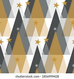 Seamless geometric pattern with the image of Christmas trees, balls and stars. Winter magic forest. Vector design for holiday web banner, business presentation, brand package, fabric, print, wallpaper
