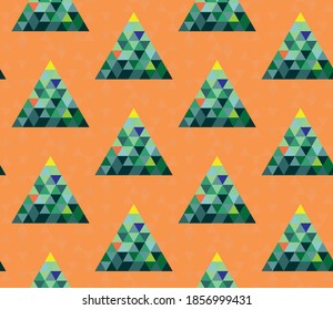 Seamless geometric pattern with the image of Christmas trees, balls and stars. Winter magic forest. Vector design for holiday web banner, business presentation, brand package, fabric, print, wallpaper