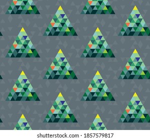 Nahtloses geometrisches Muster mit dem Bild von Weihnachtsbäumen, Bälle und Sternen. Winterzauberwald. Vektordesign für Urlaubswebbanner, Business-Präsentation, Markenpaket, Stoff, Druck, Tapete