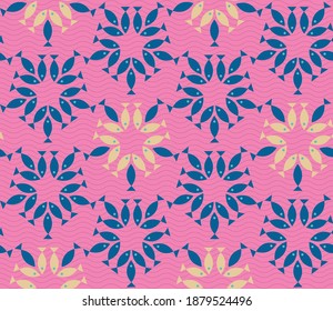 Seamless geometric pattern with the image of small fish, sea, fishes. Vector design for web banner, business presentation, brand package, fabric, print, wallpaper, postcard.