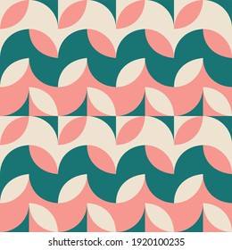 Seamless geometric pattern with the image of spring flowers, herbs, leaves, plants, circles. Vector design for web banner, business presentation, brand package, fabric, print, wallpaper, postcard.