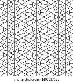 Seamless geometric pattern inspired by Japanese  ornament.Black and white silhouette with average thickness lines.Hexagon grid.