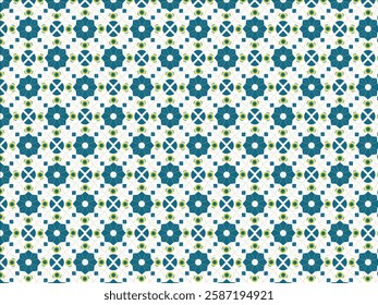 A seamless geometric pattern inspired by traditional Islamic and Moroccan tile designs. The intricate arrangement of floral and geometric shapes in blue, yellow, and white creates a visually appealing