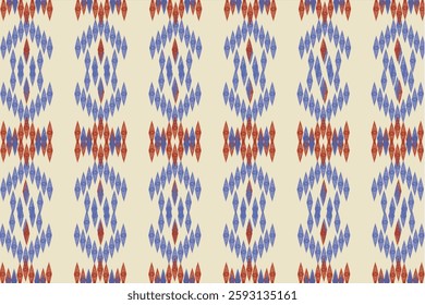A seamless geometric pattern inspired by traditional Ikat textiles, featuring diamond-shaped motifs in blue and red on a soft beige background. The hand-drawn texture adds a rustic, artisanal feel, 