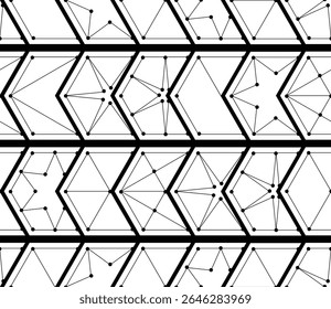 Seamless geometric pattern with interconnected hexagons creating intricate designs, blending angular shapes and lines in harmonious visual composition