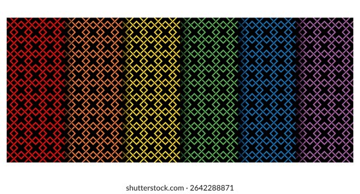 Seamless geometric pattern of interconnected lines that form diamond-like shapes, arranged side-by-side, with variations of colors on black background. Used for various decorative applications. 