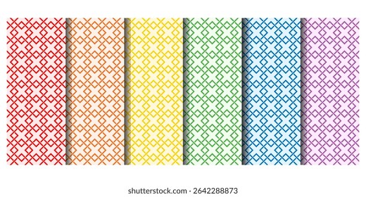 Seamless geometric pattern of interconnected lines that form diamond-like shapes, arranged side-by-side, with variations of colors on white background. Used for various decorative applications. 