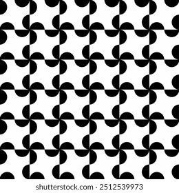 Seamless geometric pattern with interlocking black and white propeller-like shapes. Suitable for various creative projects or decorative elements.