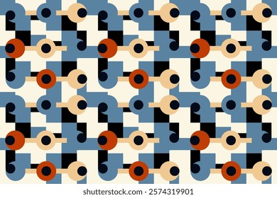 Seamless geometric pattern with interlocking circles, squares, and curved shapes in a vibrant color palette. Perfect for textile prints, wallpaper, and modern interior