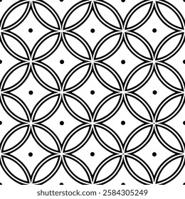 Seamless Geometric Pattern with Interlocking Circles and Dots in Black and White